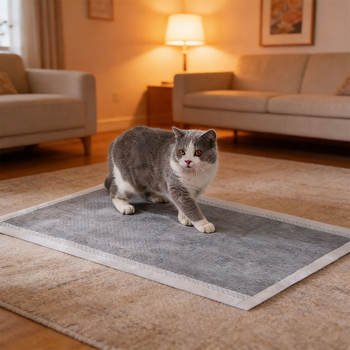 リビングルームで竹炭ペット尿パッドの上に立つ猫