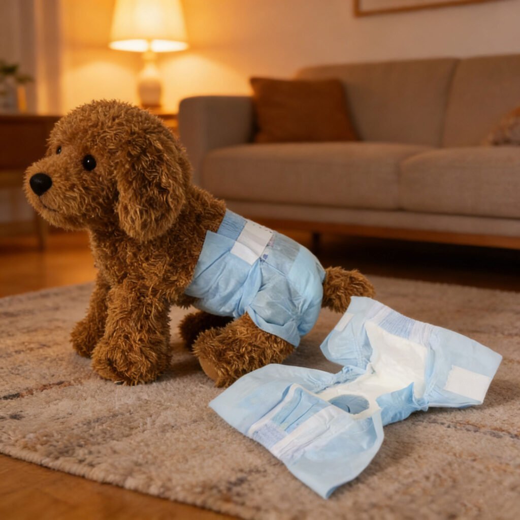 犬用紙おむつの横で、室内で紙おむつを着用するメス犬