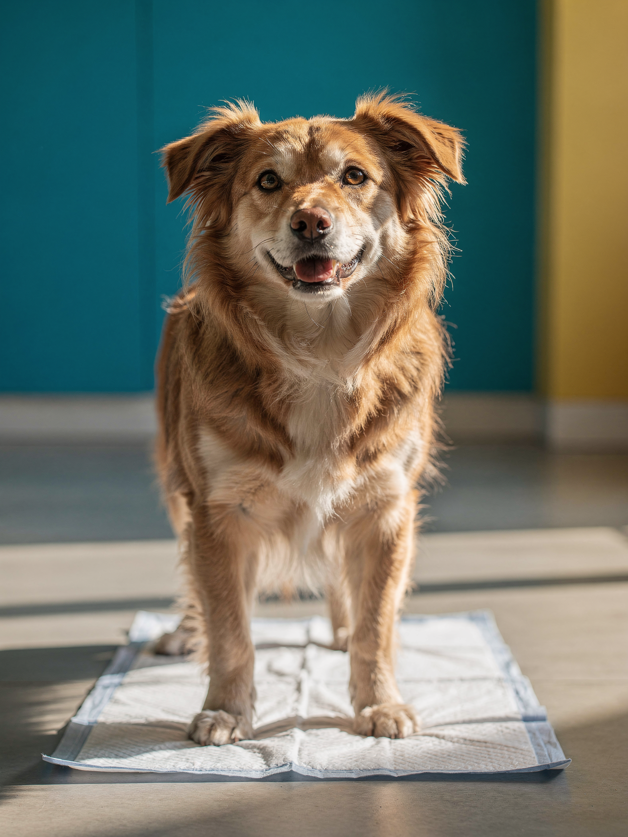 室内で吸収性のあるペット用トレーニングパッドの上に立つ犬