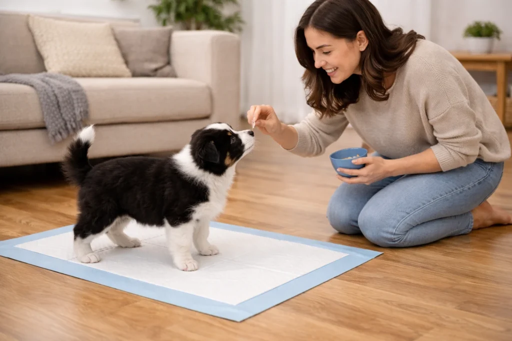 Pet owner guiding a puppy to a pee pad with a treat during indoor potty training