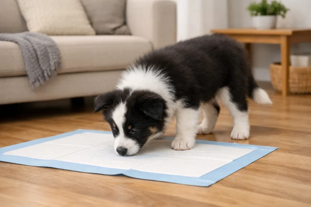 Small puppy sniffing a scented pee pad in a clean living room