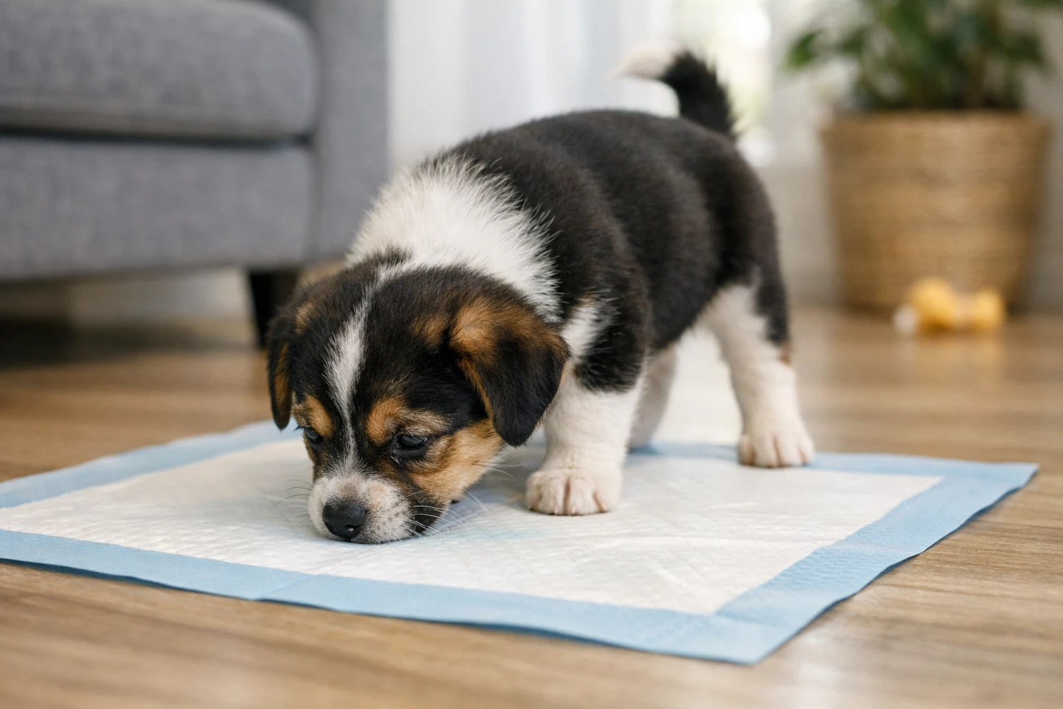 Puppy sniffing a scented pee pad on the floor in a bright indoor room