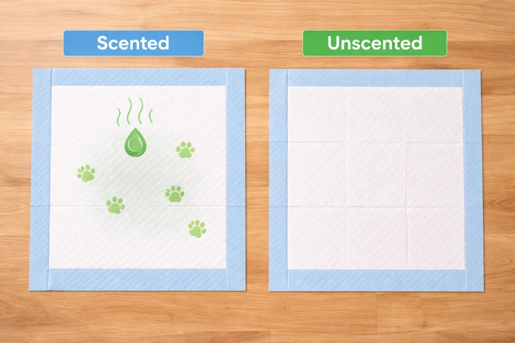 Two dog pee pads displayed side by side for a scented versus unscented training comparison