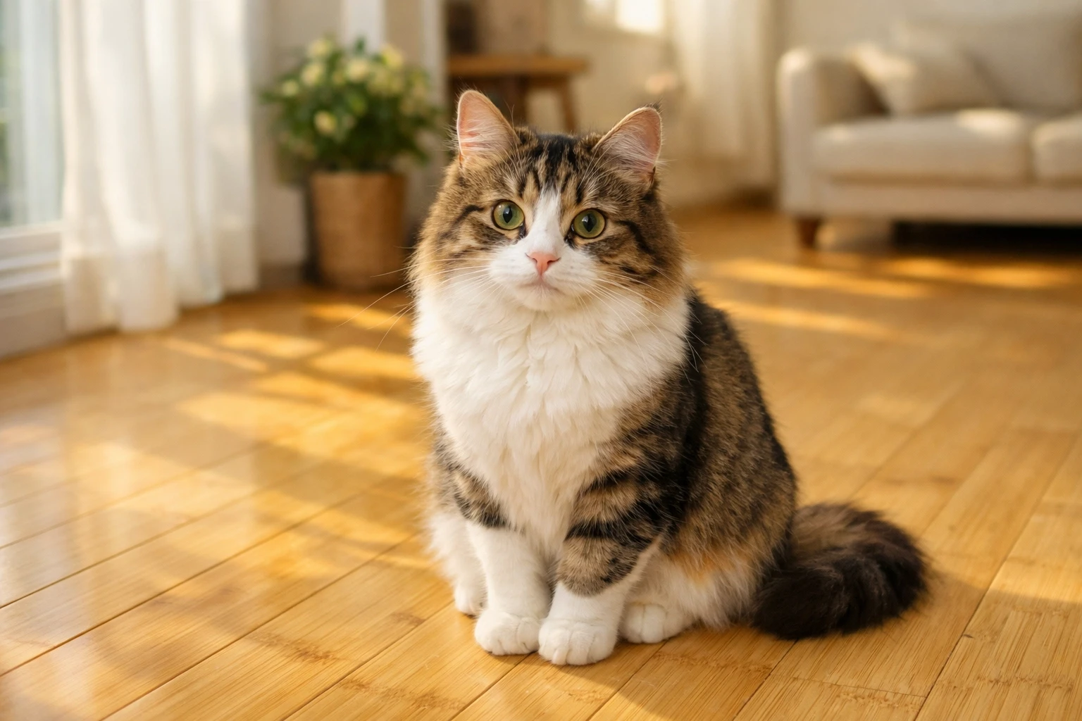 Cat sitting on bamboo flooring in a bright home interior