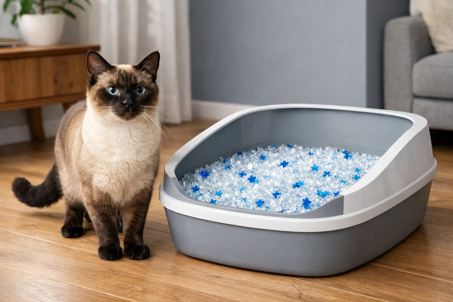 House cat standing beside a litter box filled with crystal cat litter in a clean room