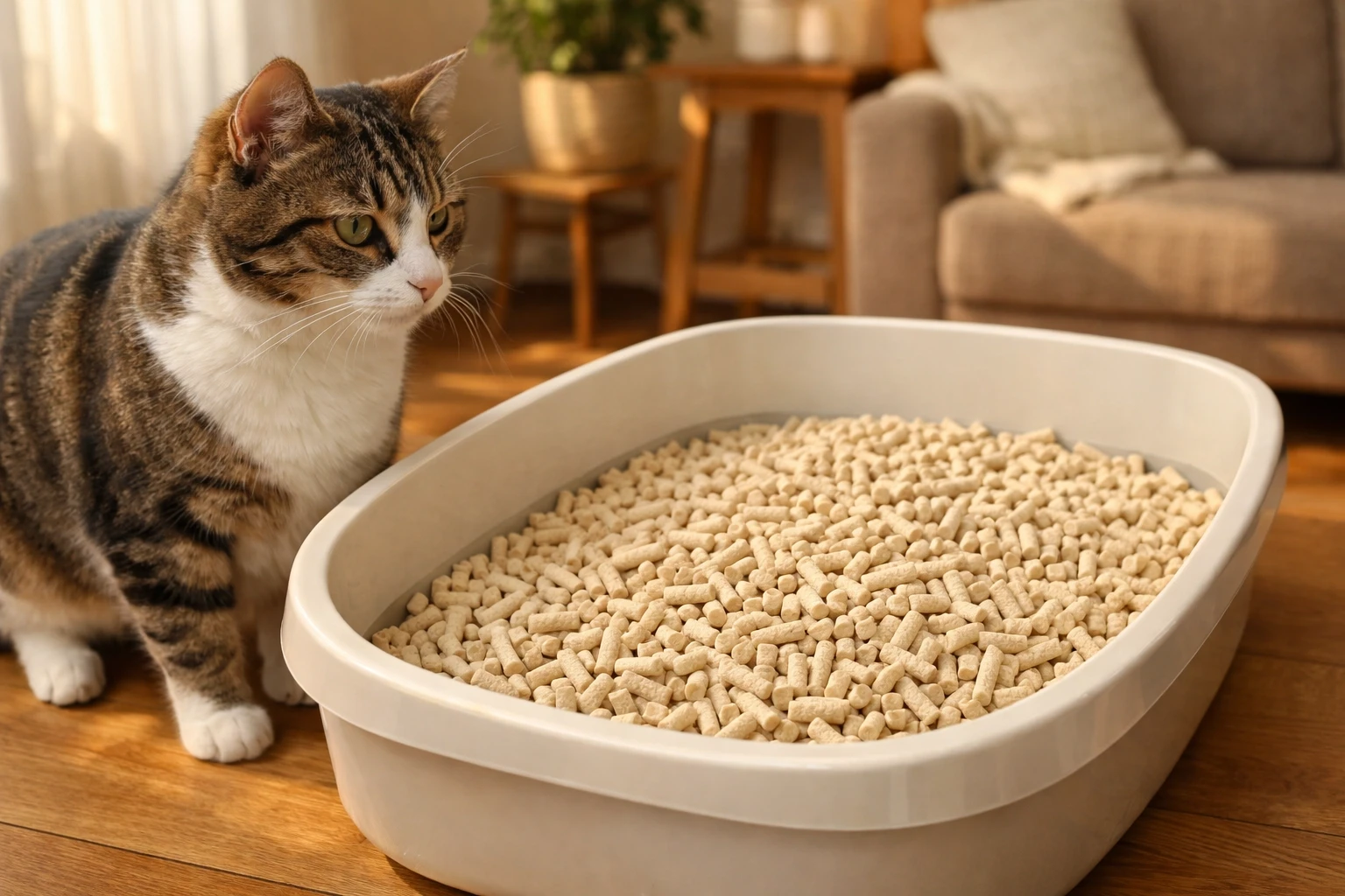 House cat standing beside a litter box filled with tofu cat litter in a bright room