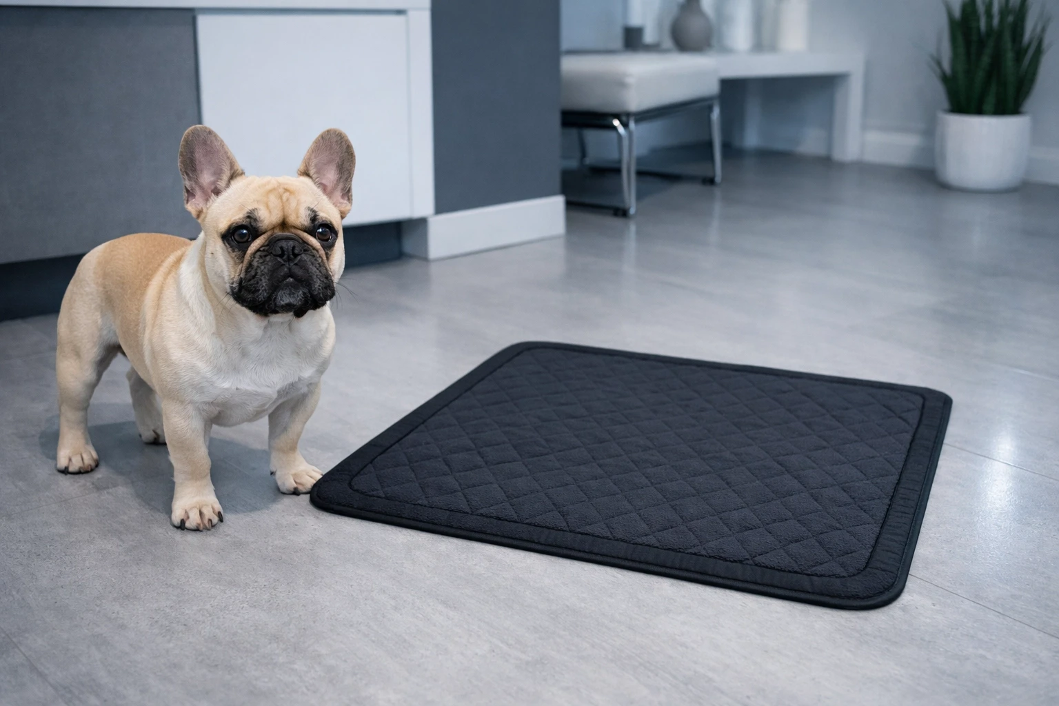 كلب صغير يقف بالقرب من وسادة تبول فحم على أرضية داخلية نظيفة