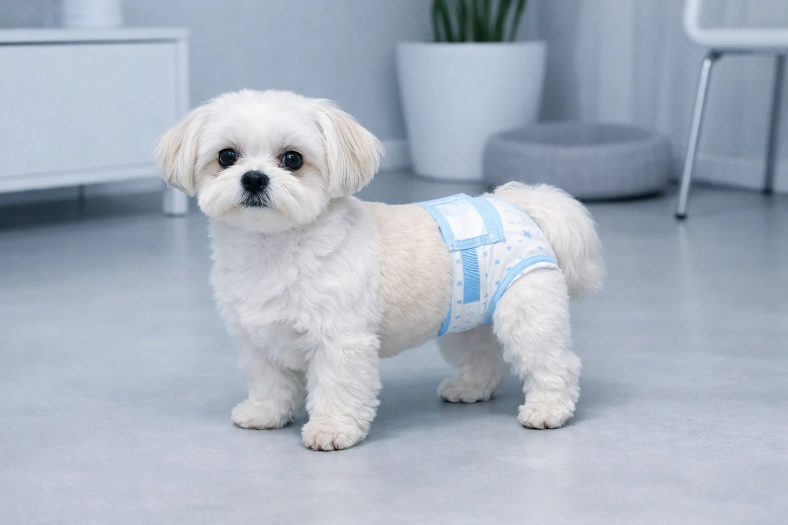Small dog wearing a diaper while standing on a clean indoor floor