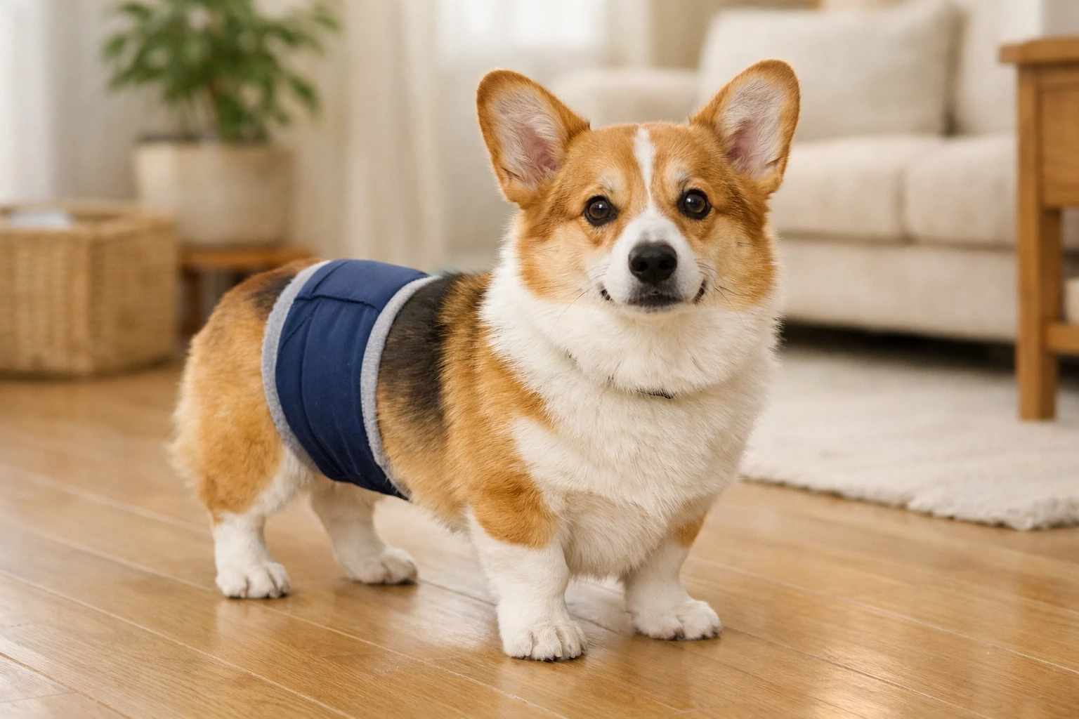 Small male dog wearing a belly band diaper indoors on a clean floor
