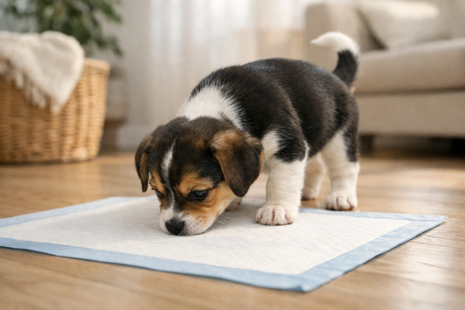Puppy sniffing a dog pee pad on a clean indoor floor