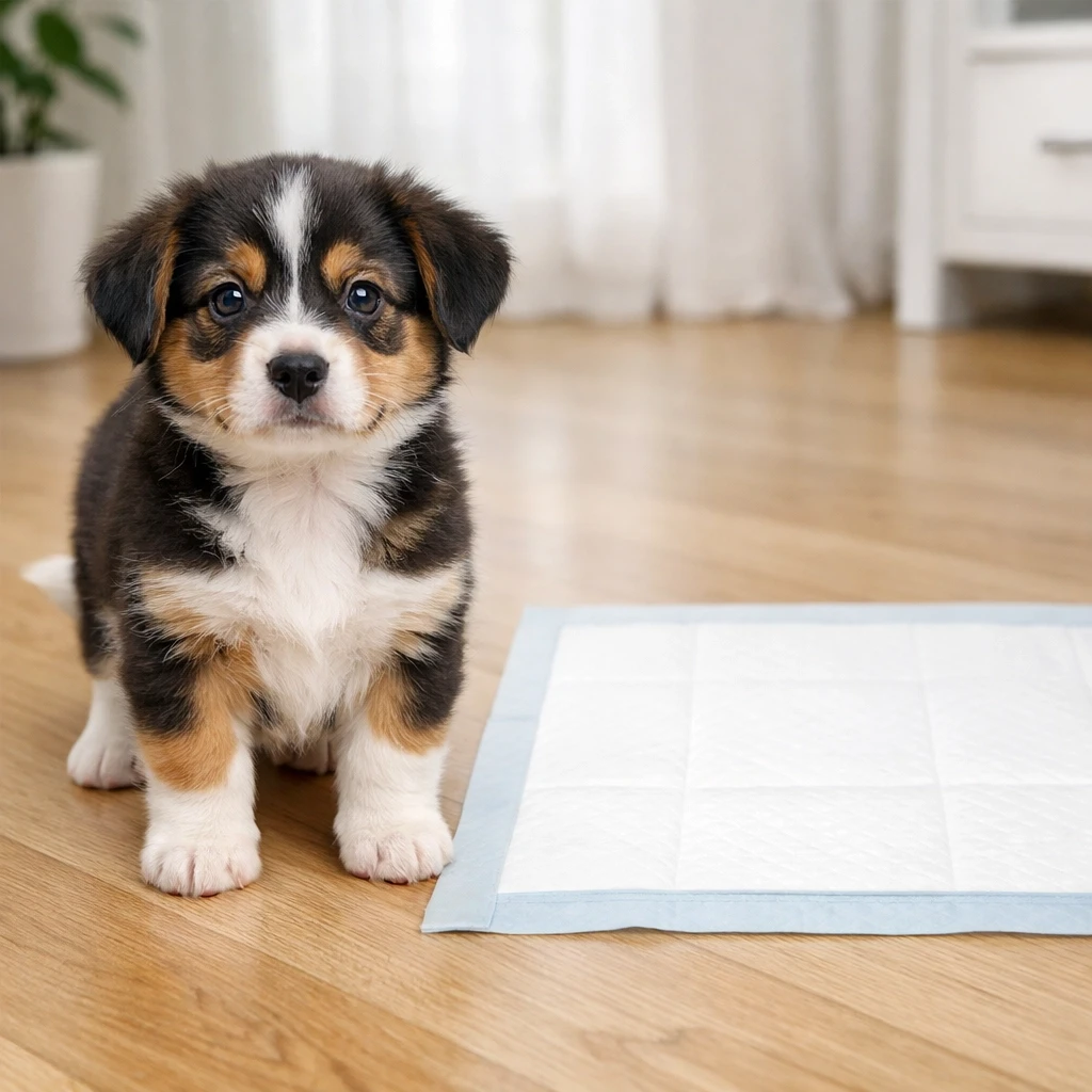 明るい室内で、白いペット用トレーニングパッドの横に立つ子犬。