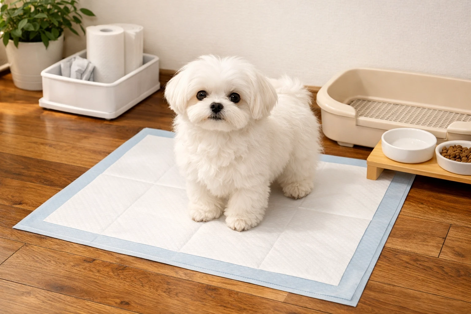 Small dog standing on a pee pad in a clean indoor room with wood flooring