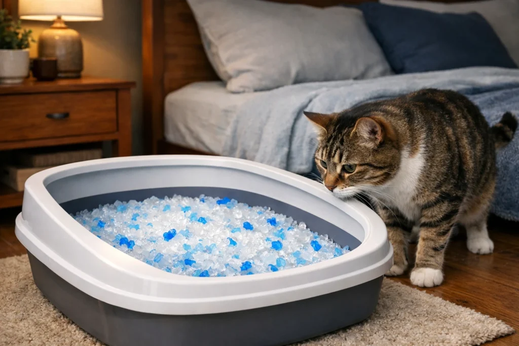 Cat looking at a litter box filled with crystal cat litter in a home