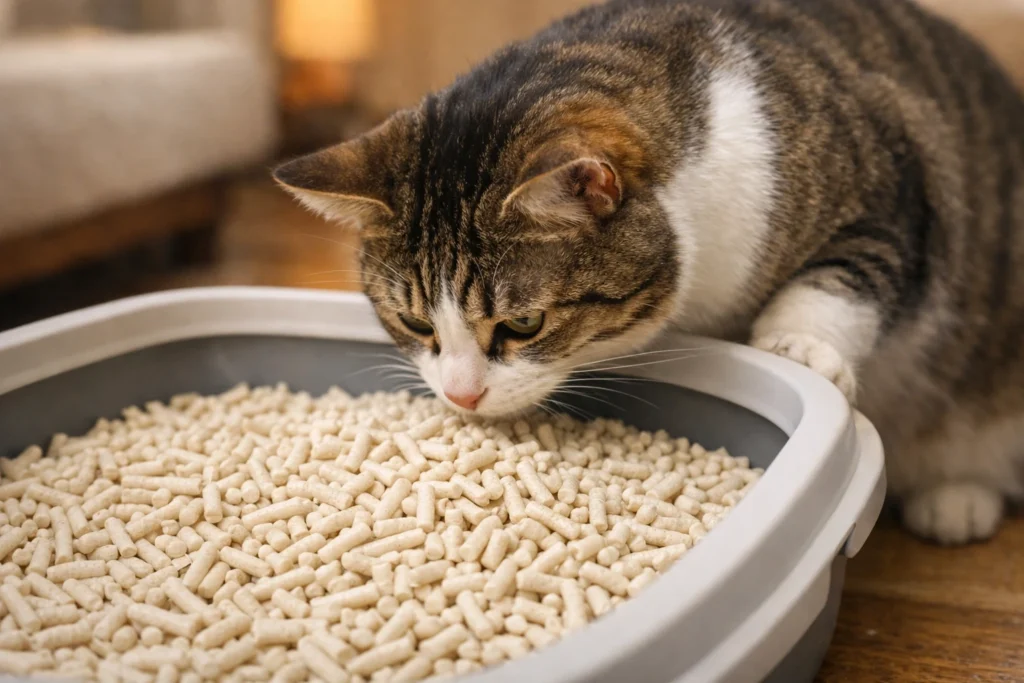 Cat looking into a litter box filled with tofu cat litter indoors