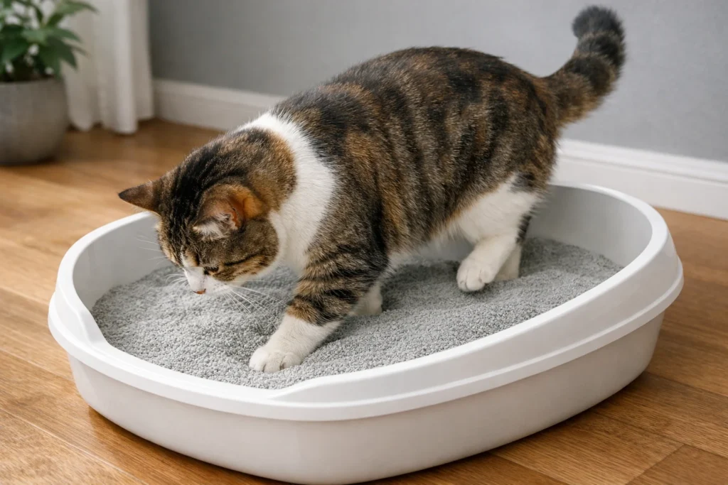 Cat stepping into a litter box with fine-textured unscented litter