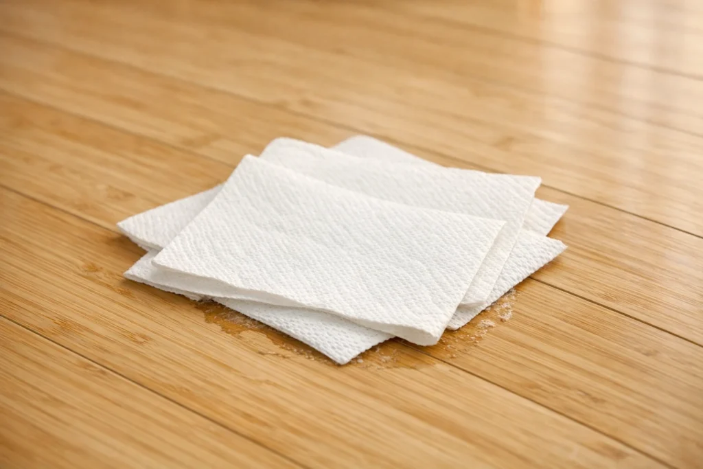 Paper towels placed on a small cat urine spot on bamboo flooring