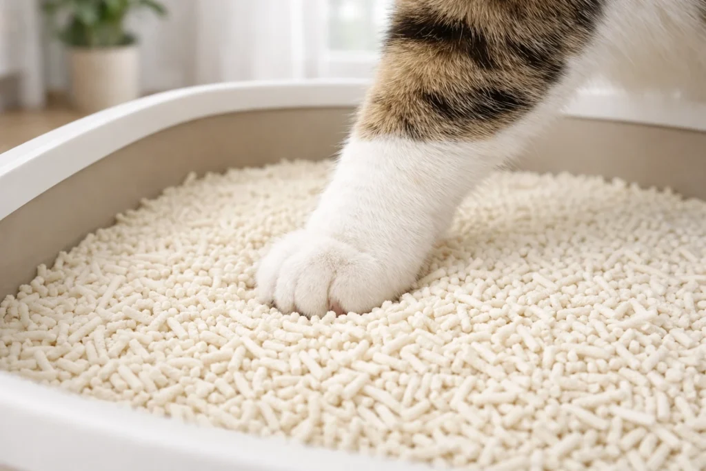 Cat stepping into a fine-textured unscented litter box