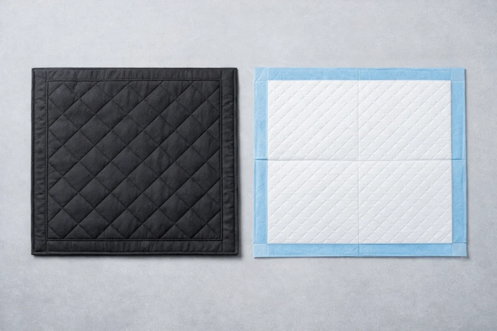 Charcoal pee pad and regular pee pad placed side by side for comparison