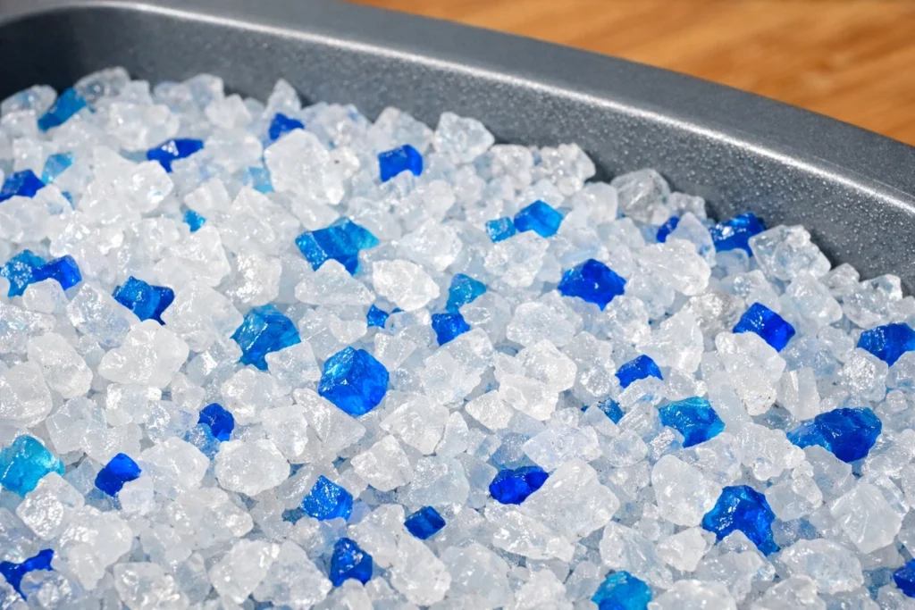 Close-up view of crystal cat litter inside a litter box