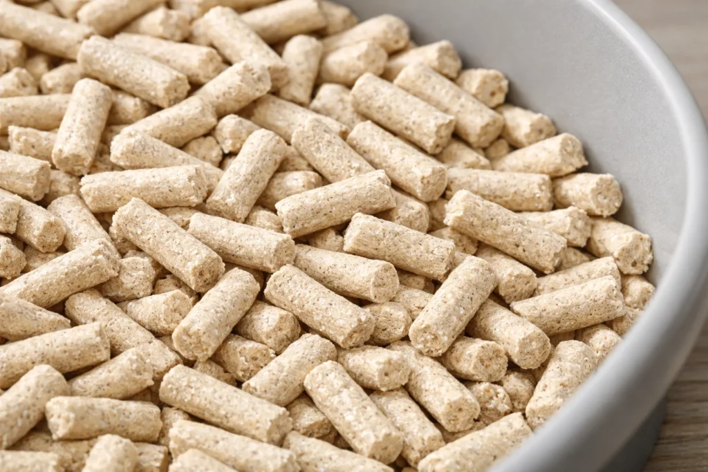 Close-up of tofu cat litter pellets inside a litter box