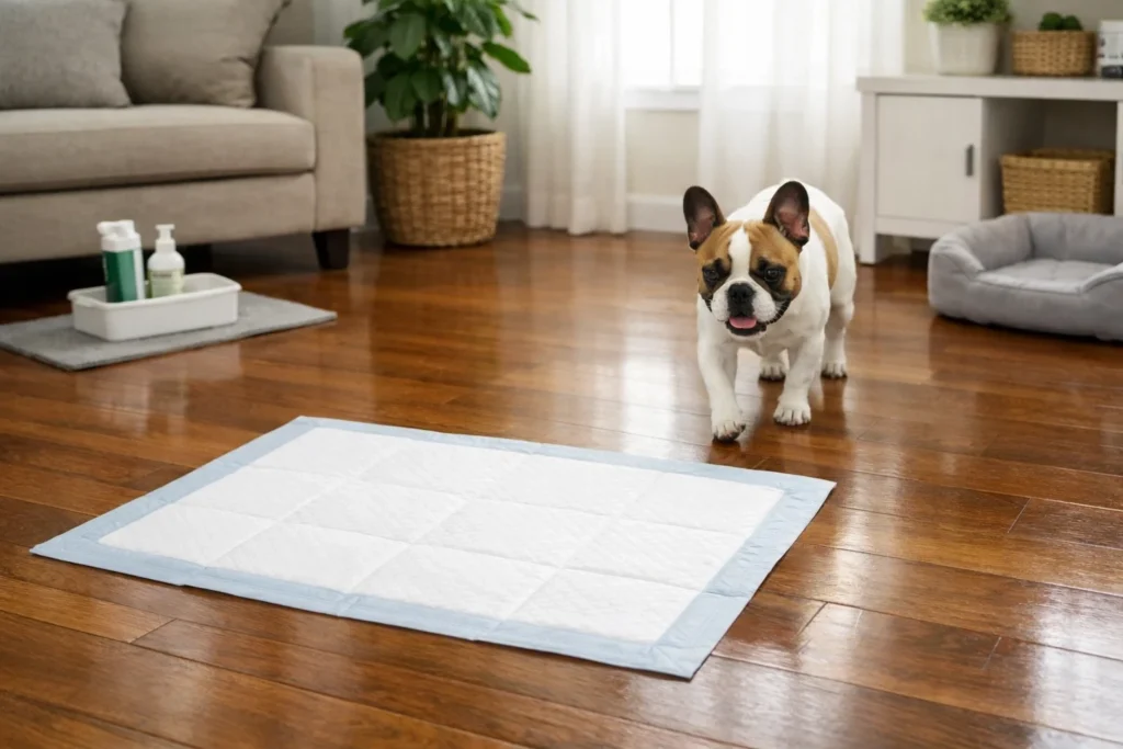 Small dog walking toward a pee pad placed on a wood floor inside a home