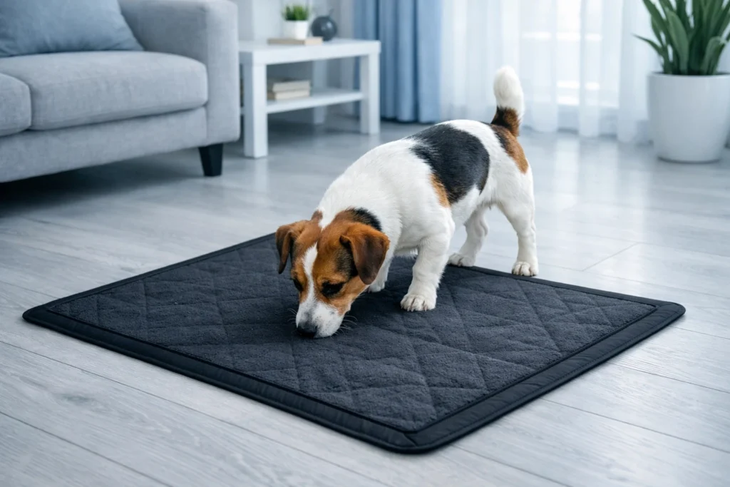 Small dog sniffing a charcoal pee pad in a bright living room