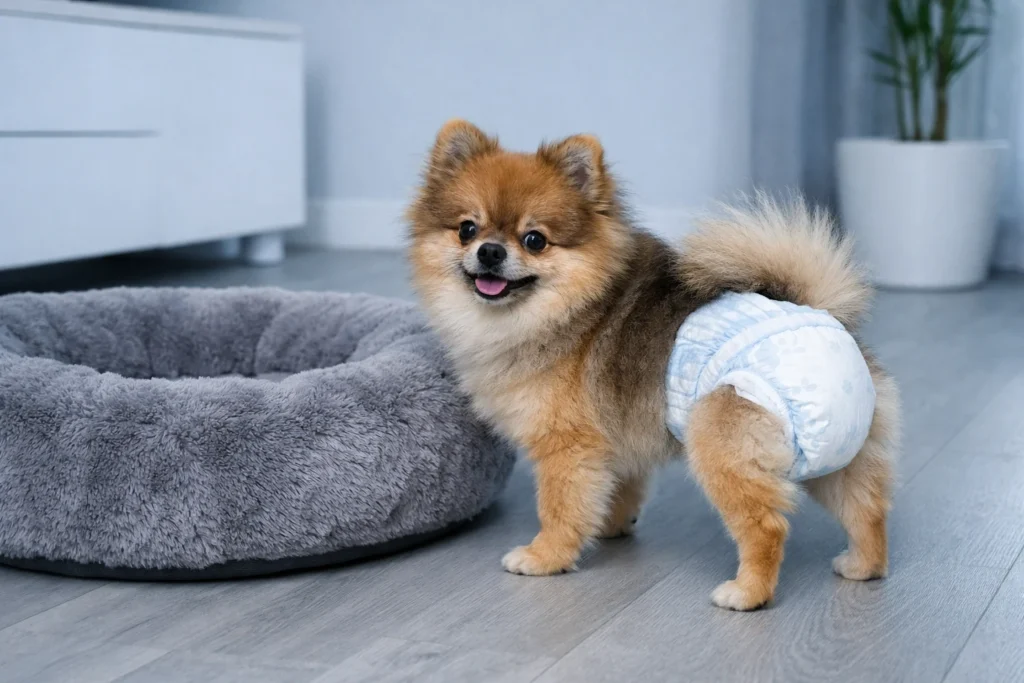 清潔な部屋で犬用ベッドの近くに立ちながら、おむつをしている犬