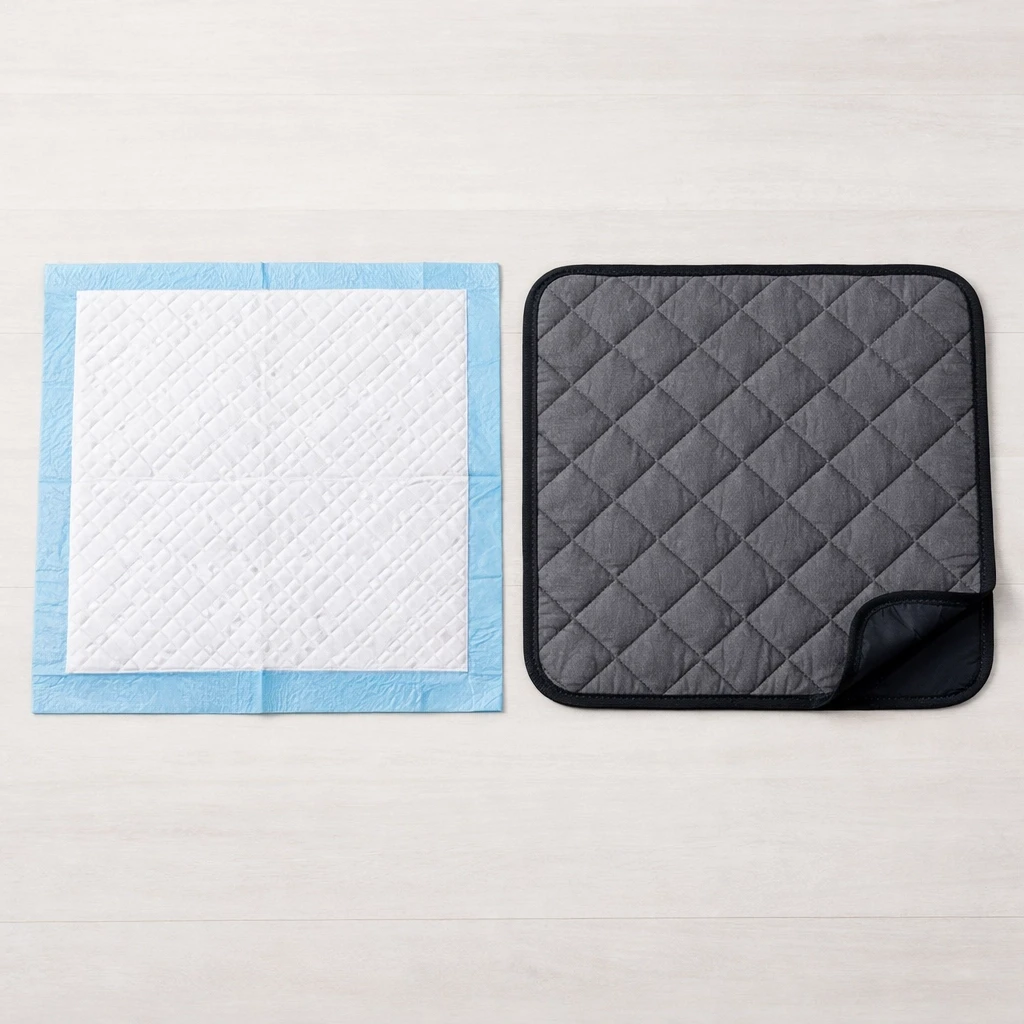 Flat lay of a disposable pet training pad and a reusable washable dog pad on a clean floor