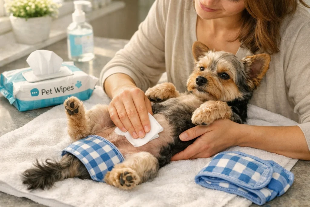 Pet owner changing a male dog wrap and cleaning the dog gently with wipes