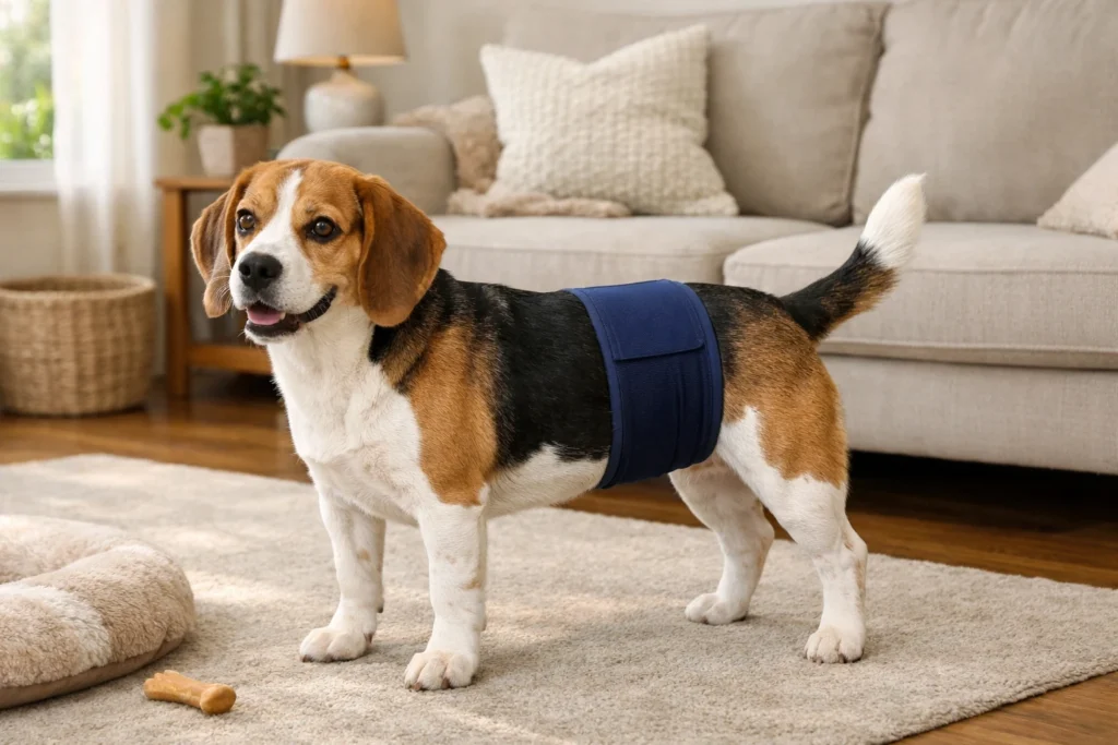 Male dog wearing a belly band while standing in a clean living room