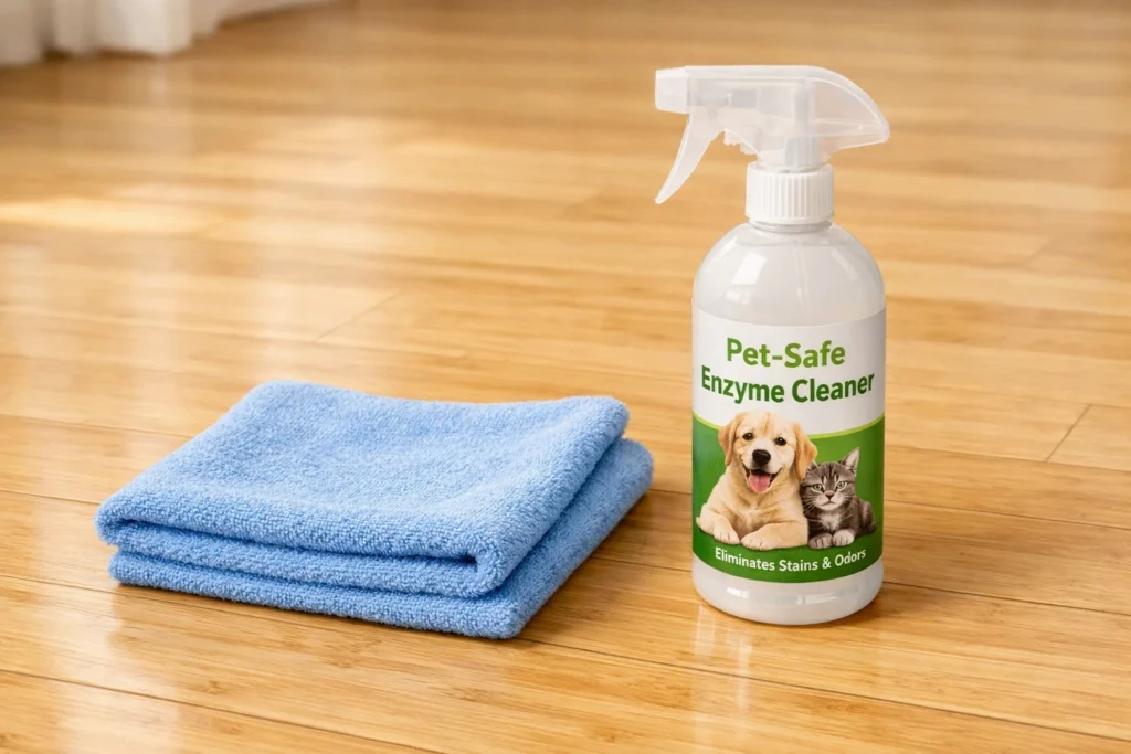 Microfiber cloth and pet enzyme cleaner placed on bamboo flooring during urine cleanup