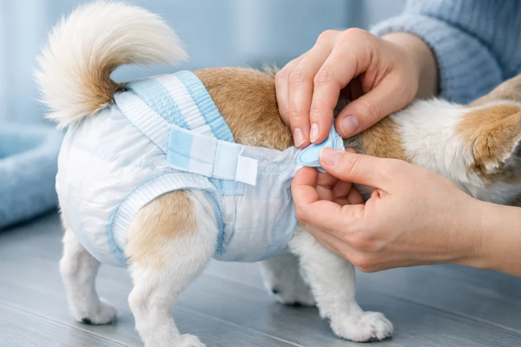 室内で小型犬のおむつのフィット感を確認する飼い主
