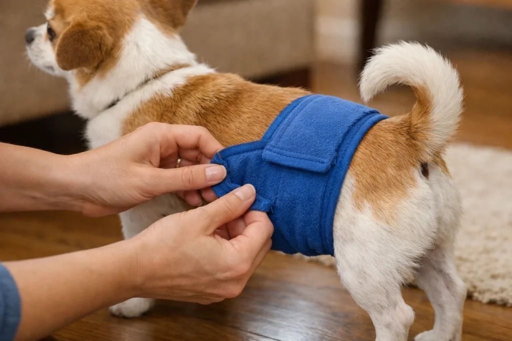 Pet owner adjusting and checking the fit of a male dog belly band indoors