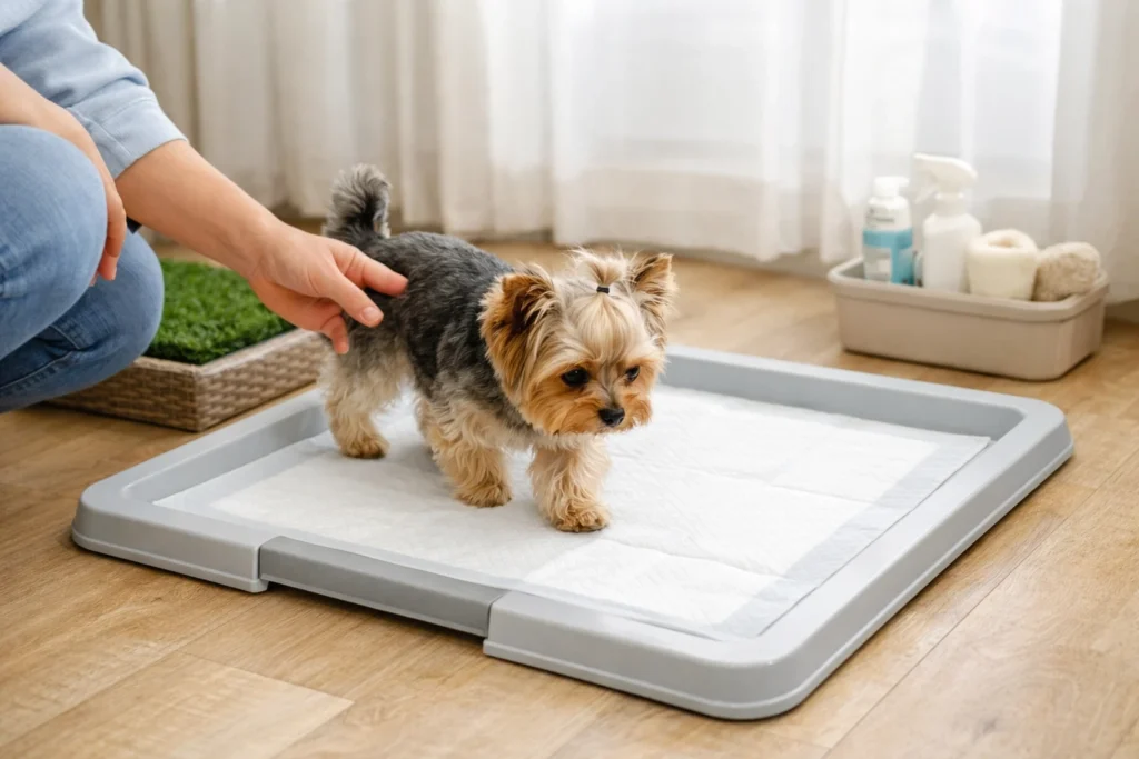 Pet owner guiding a small dog toward a secured pee pad in a home potty area