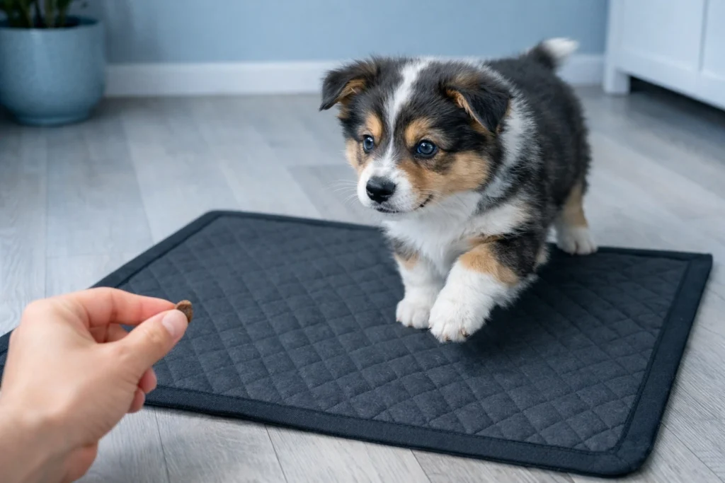 Pet owner guiding a puppy to a charcoal pee pad with a treat indoors