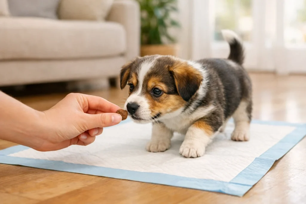 Pet owner guiding a puppy to a dog pee pad with a treat indoors