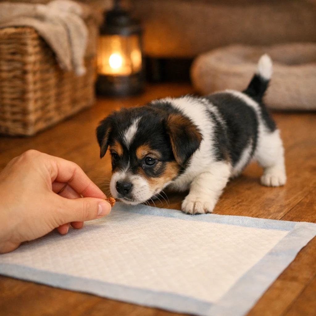 Pet owner guiding a small puppy toward a training pad with a treat indoors
