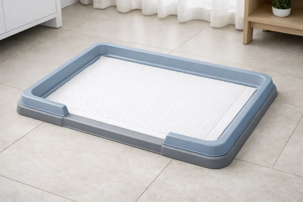 Pee pad secured inside a holder tray on a tile floor in a home