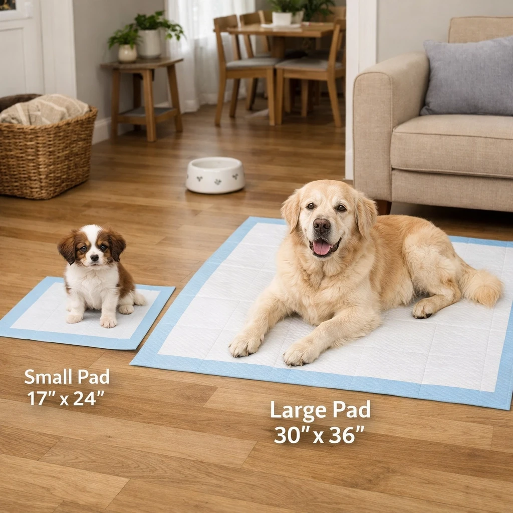 Different pet training pad sizes displayed in a home setting for puppy and senior dog care