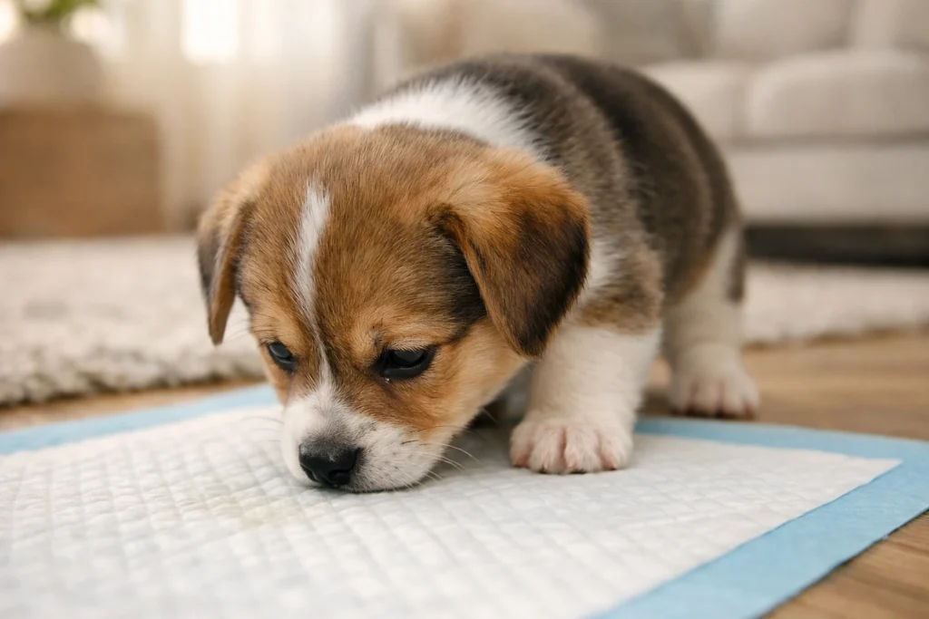 Small puppy sniffing a dog pee pad on the floor in a bright living room