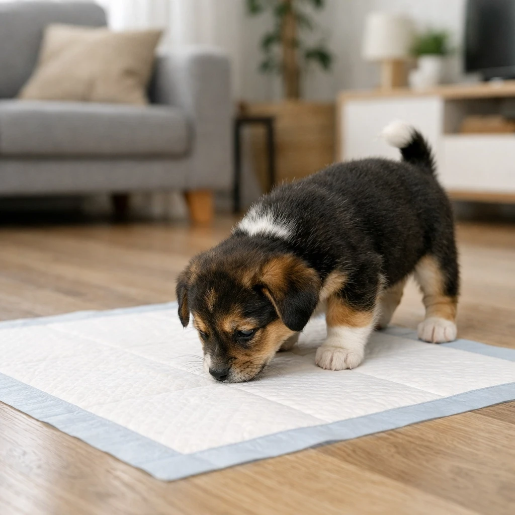 Small puppy sniffing a white pet training pad on the floor in a modern living room