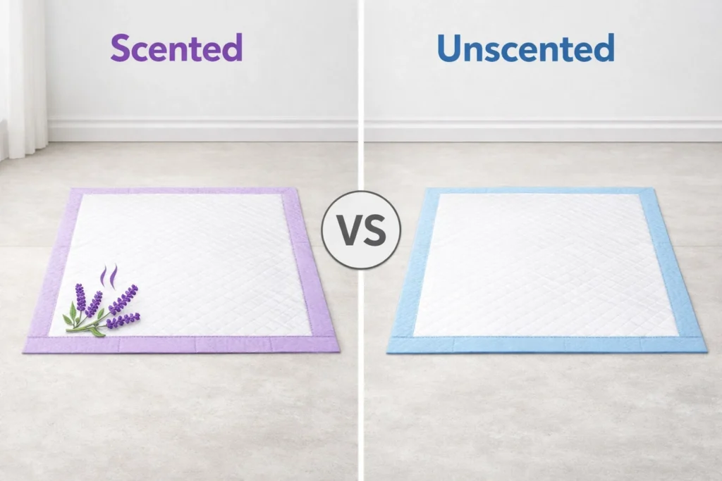 Scented and unscented dog pee pads displayed side by side on a clean floor