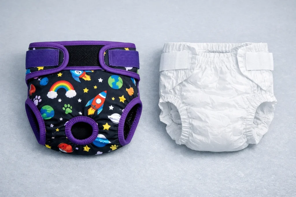 洗濯可能な犬用紙おむつと紙おむつを清潔な床に並べて置く。